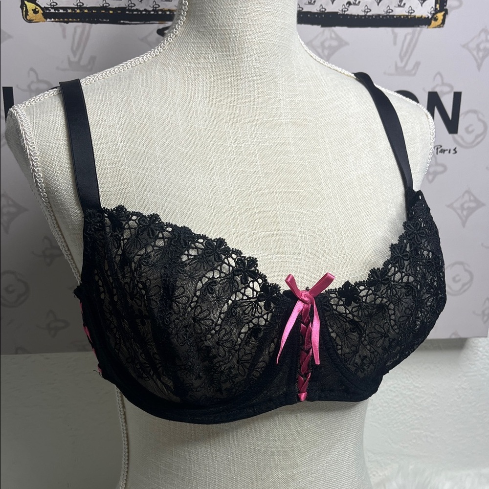Felina Lingerie  Black Lace Bra with Pink Ribbon Accents